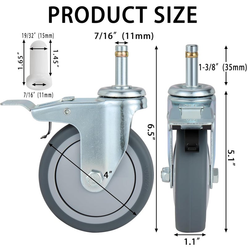 Finnhomy 4 Inches Stem Caster Wheels Set of 4 Heavy Duty 7/16 Inch Stem Diameter Swivel Locking Casters Replacement Wheels for Utility Cart/Mop Bucket/Wet & Dry Vacuum/Grills/Shop Mechanic Stool - Image 2